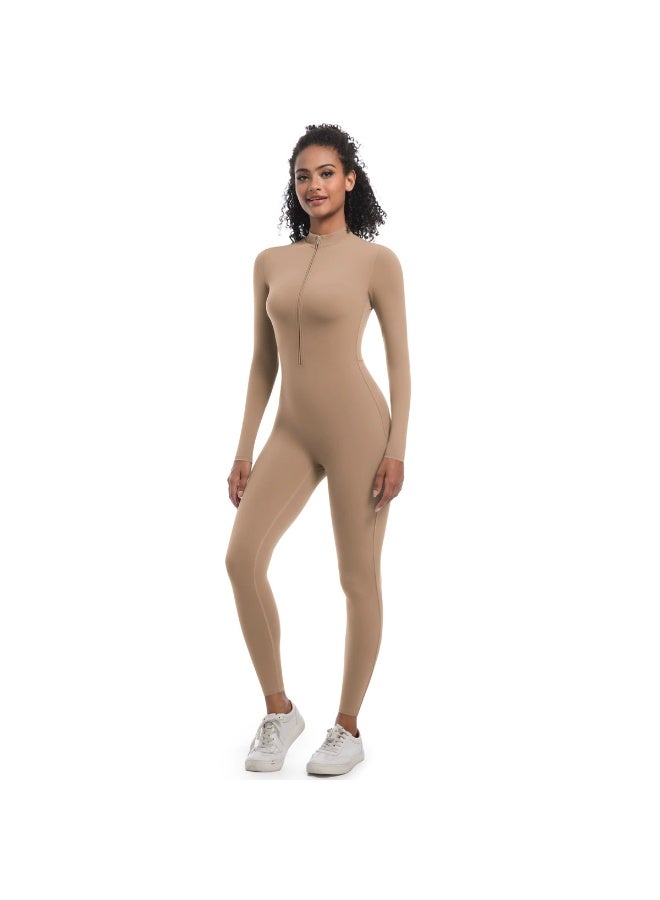 general Solid-color high-elastic half-open zipper tight long yoga suit for fitness, running and sports, one-piece garment - Image 1